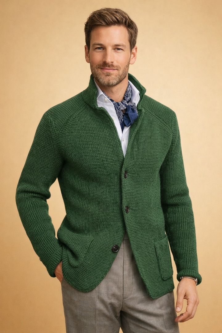 Versatile men's button-up cardigan, comfortable knitwear with a modern fit for fall/winter.