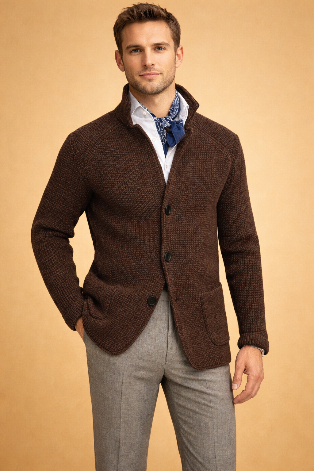Men's smart casual button-up cardigan, soft knitwear for fall and winter wardrobes.