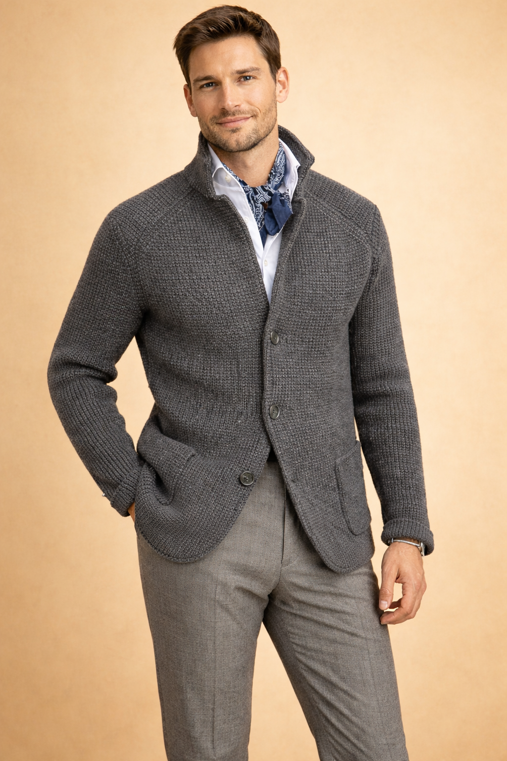 Modern men's button-up knit cardigan, a comfortable and warm layer for cool weather.