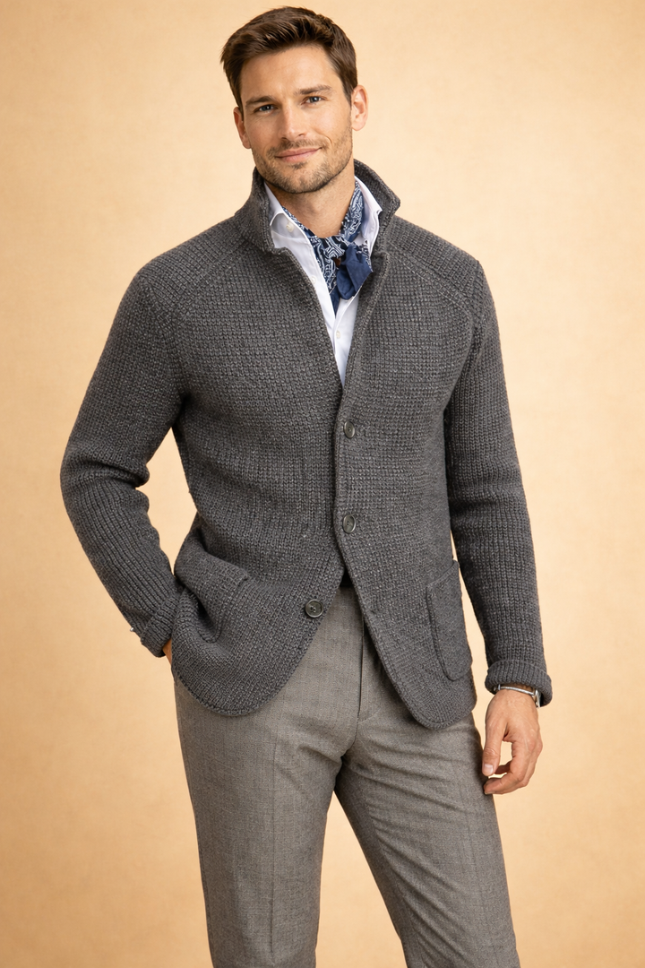 Modern men's button-up knit cardigan, a comfortable and warm layer for cool weather.