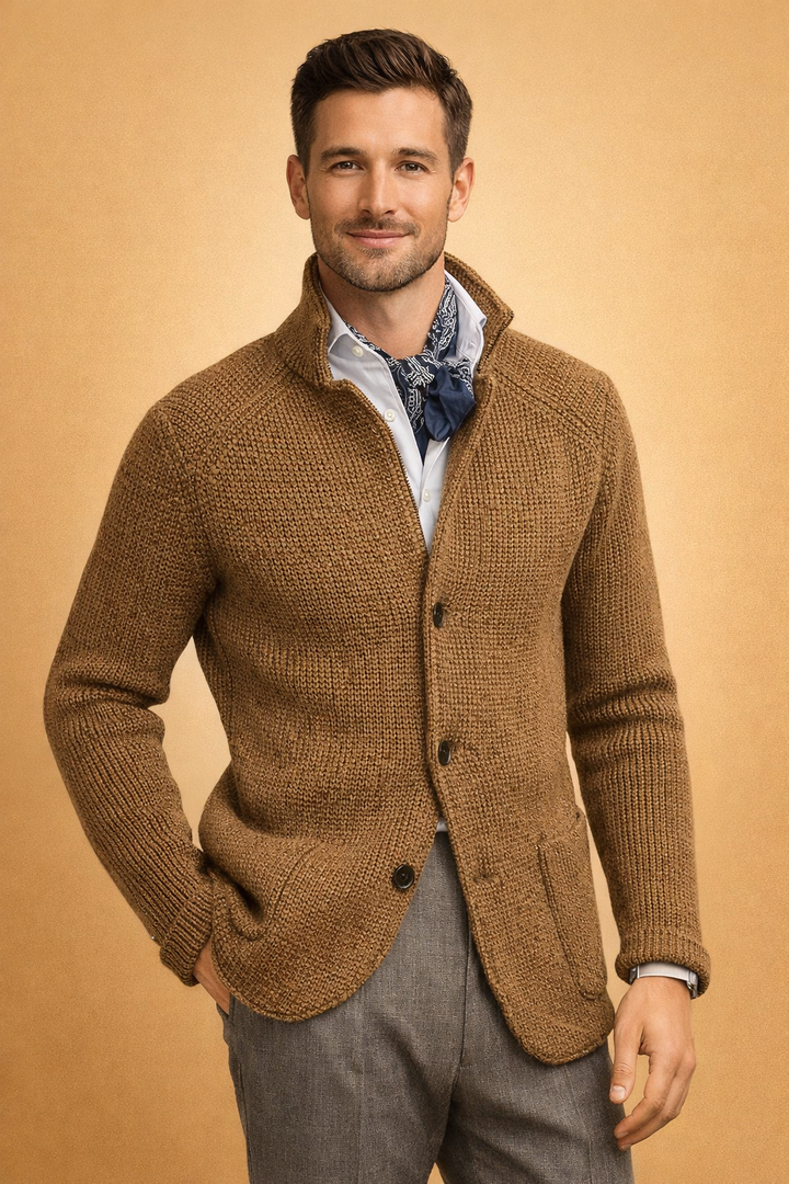 Men's smart casual knit cardigan, a button-up warm layer perfect for cold weather fashion.