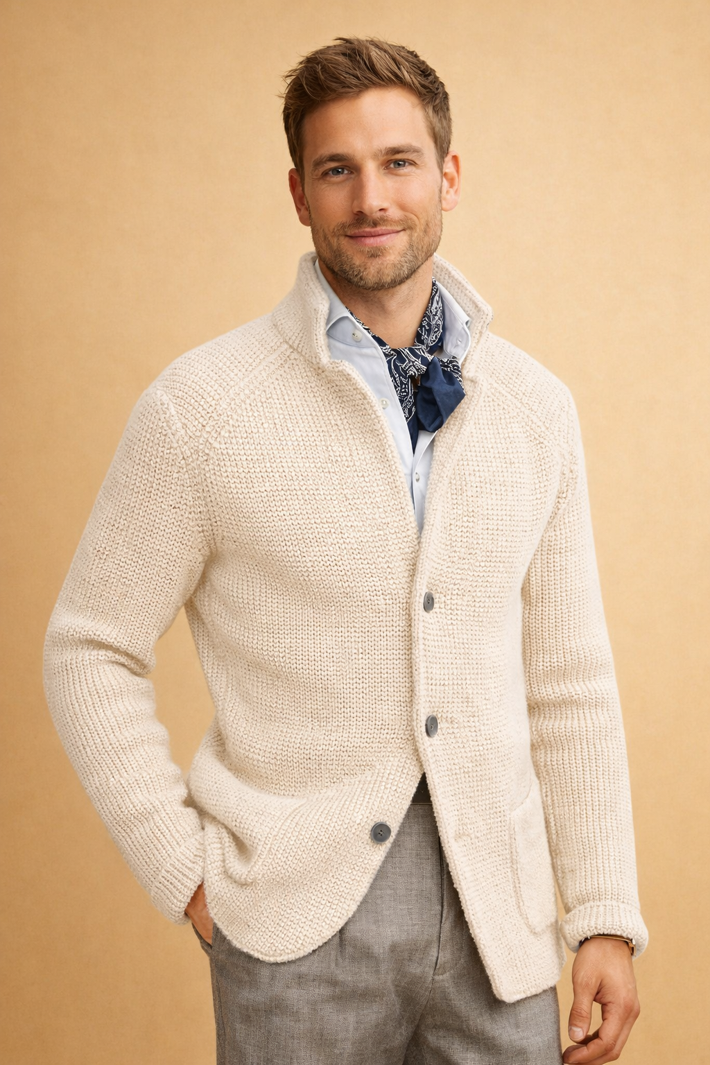 Comfortable men's button-up knitwear, a modern fit essential for fall and winter fashion.
