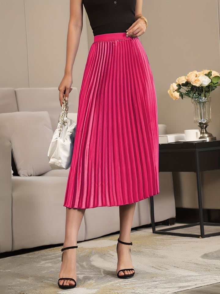 Chic women's A-line pleated midi skirt, flowy & cosy, elastic waist for effortless style.