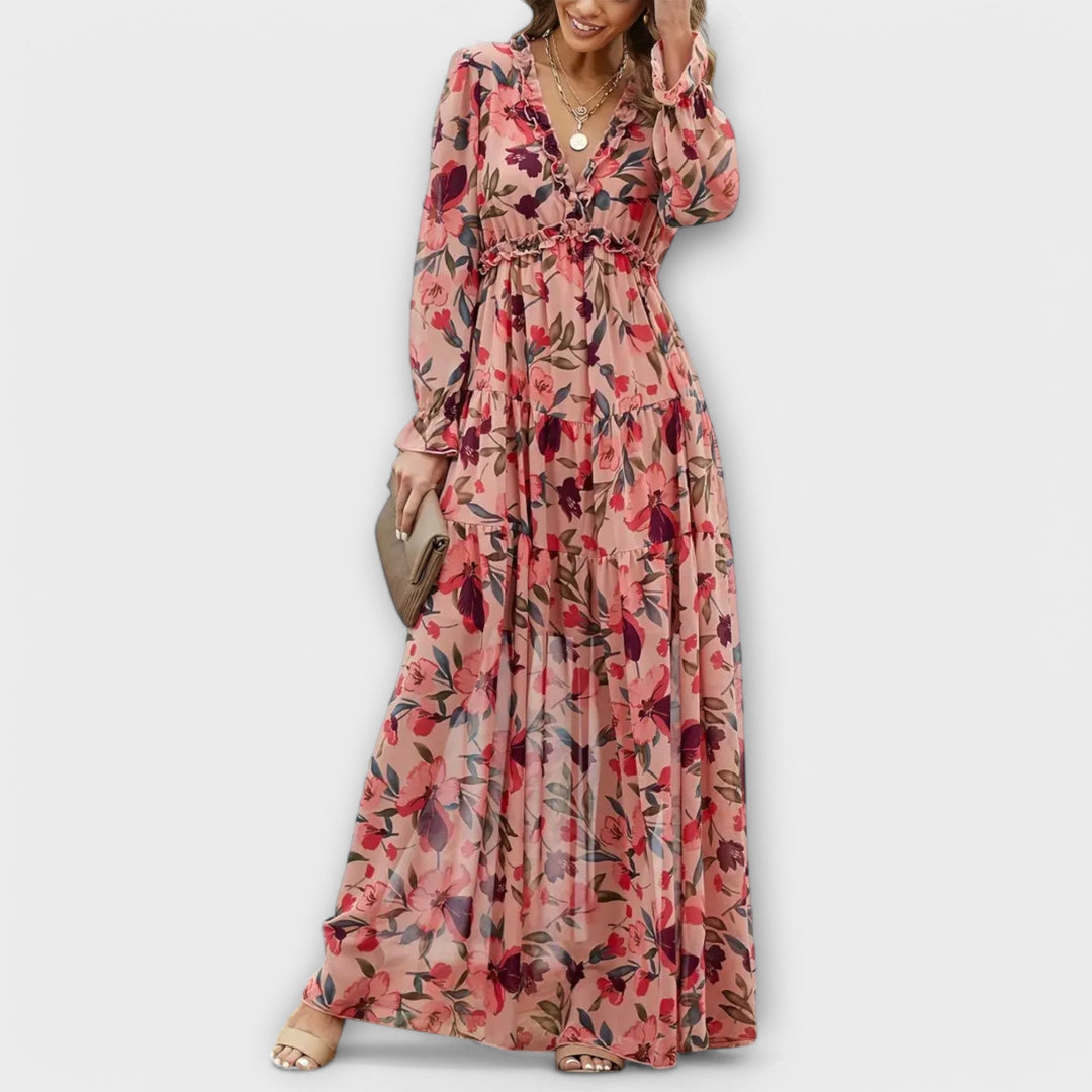 Elegant women's floral tiered maxi dress, long sleeve V-neck, perfect for race day & parties.