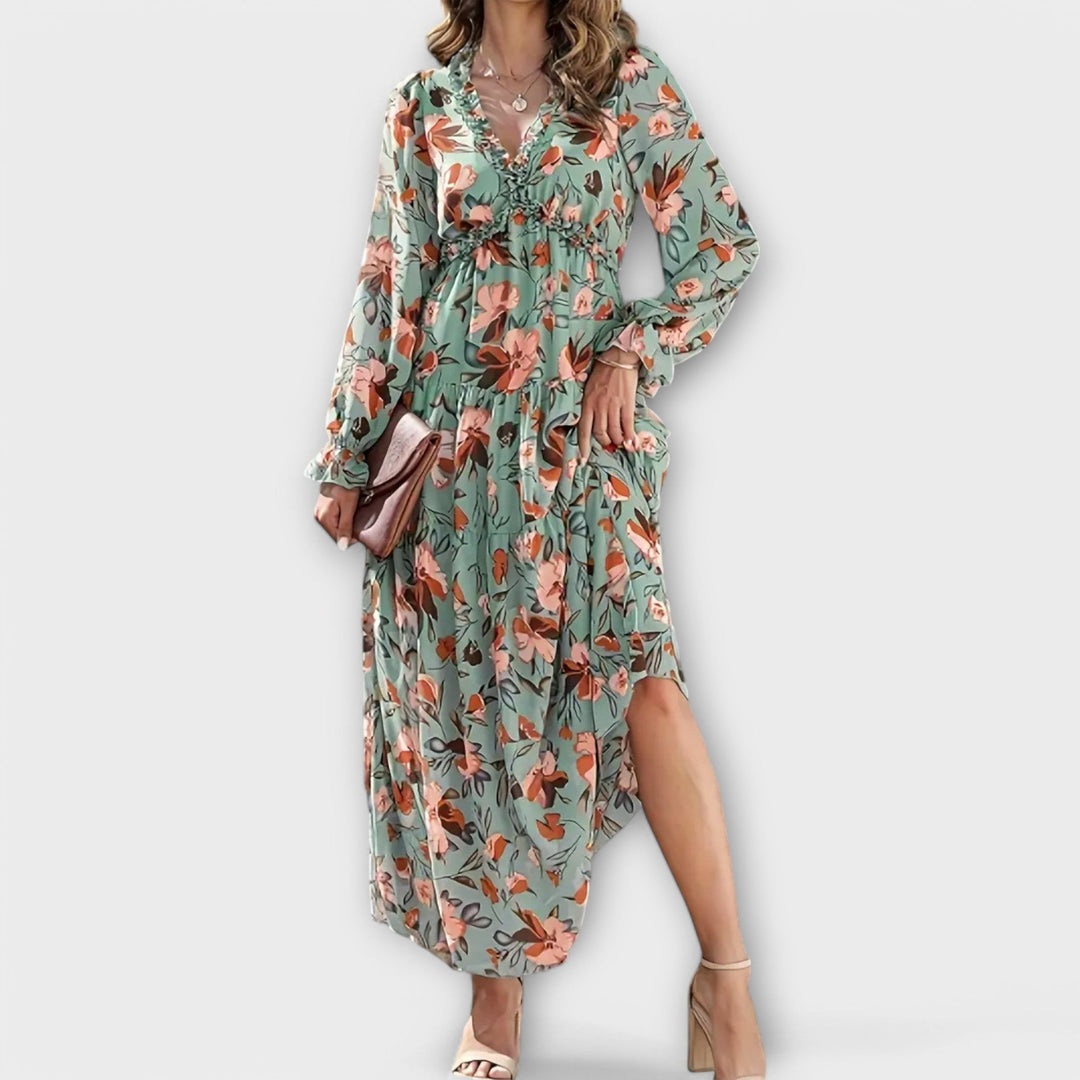 Women's floral print tiered maxi dress with elegant V-neck and long sleeves for garden parties.