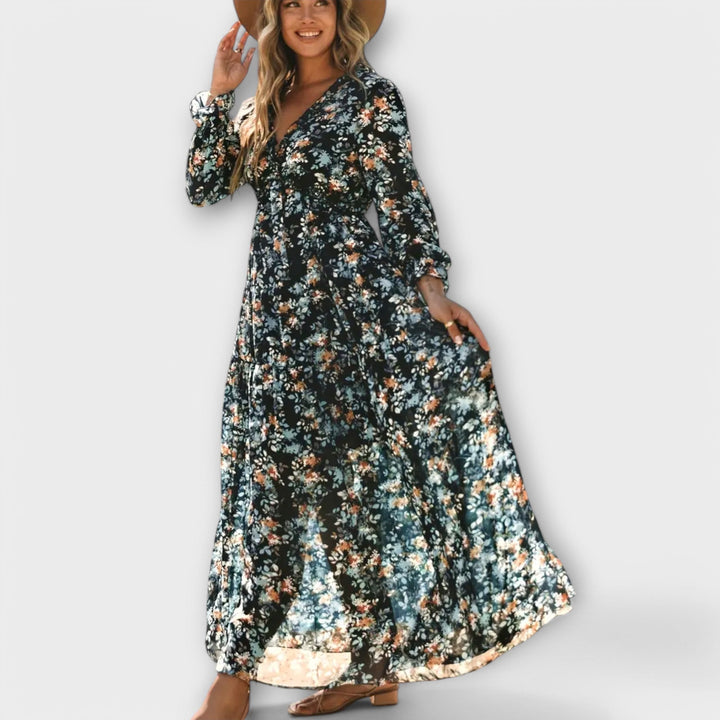 Sophisticated women's long sleeve V-neck floral maxi dress, elegant for special occasions.