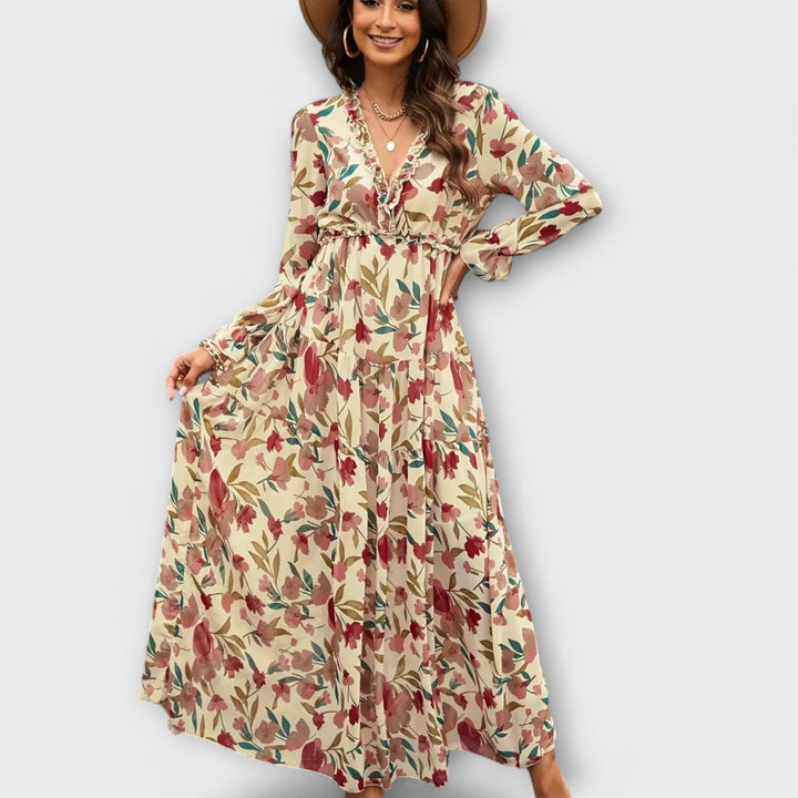 Floral tiered maxi dress for women, long sleeve and V-neck, suitable for race day fashion.
