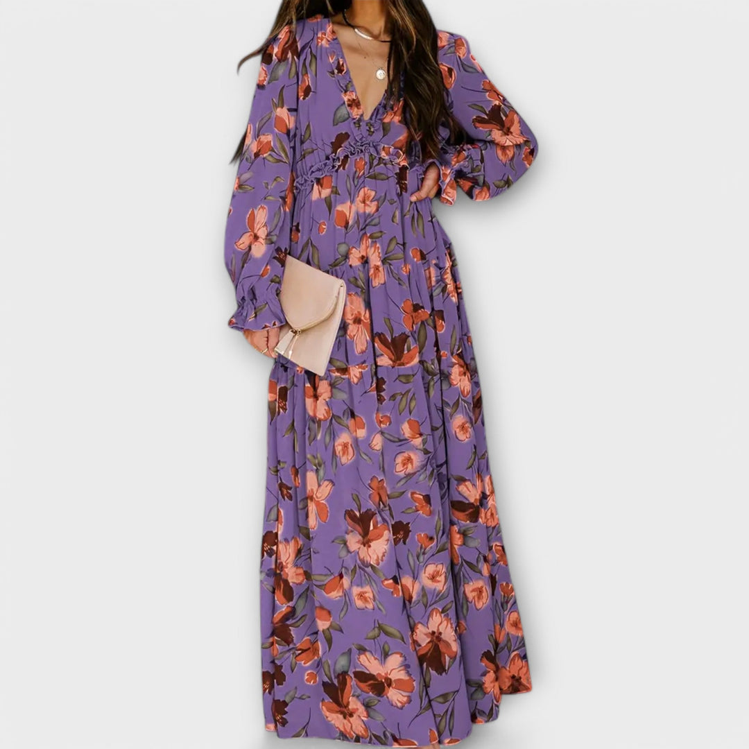 Elegant women's floral print long sleeve tiered maxi dress, perfect for garden parties.