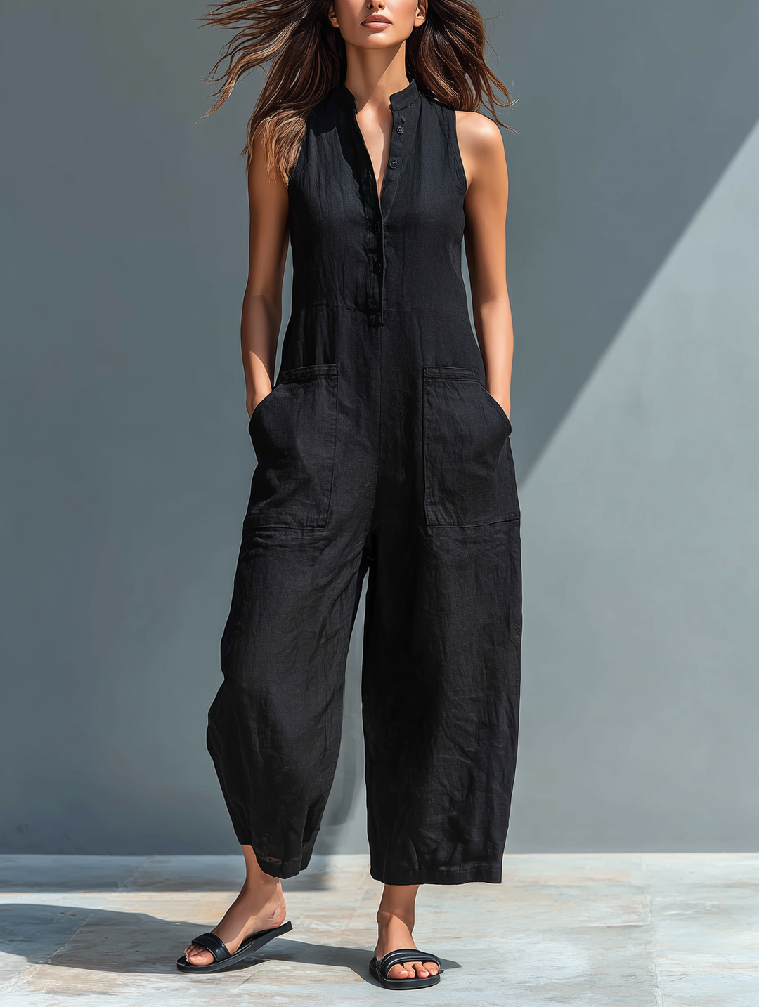 Evangelia | Women's Sleeveless Wide Leg Jumpsuit - Black - Image 1