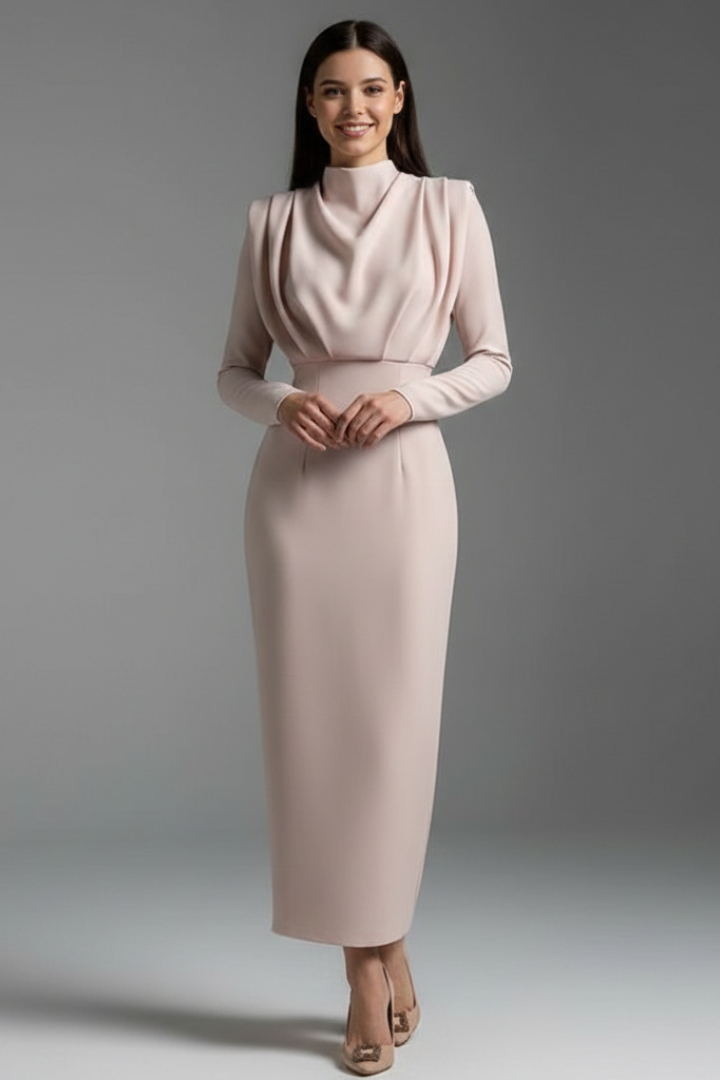 Evangeline | Women's Mock Neck Long Sleeve Maxi Dress - Pink - Image 11