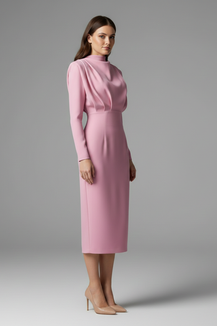 Evangeline | Women's Mock Neck Long Sleeve Maxi Dress - Pink - Image 3