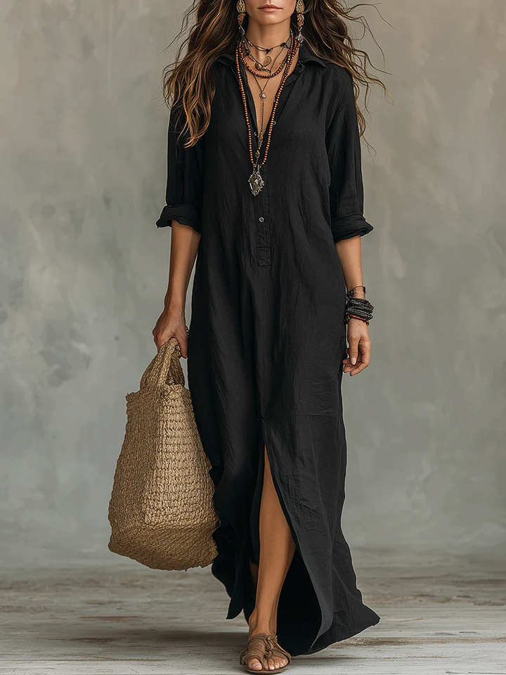 Evangelyn | Women's Button Down V-Neck Maxi Dress - Black - Image 1