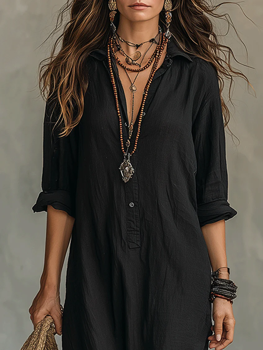 Evangelyn | Women's Button Down V-Neck Maxi Dress - Black - Image 4