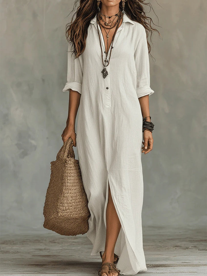Evangelyn | Women's Button Down V-Neck Maxi Dress - Black - Image 6