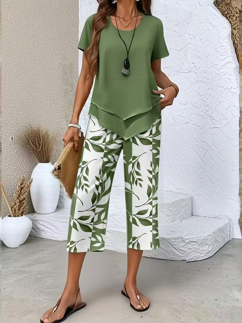 Evelira | Women's Leaf Print Two Piece Wide Leg Set - Green - Image 1