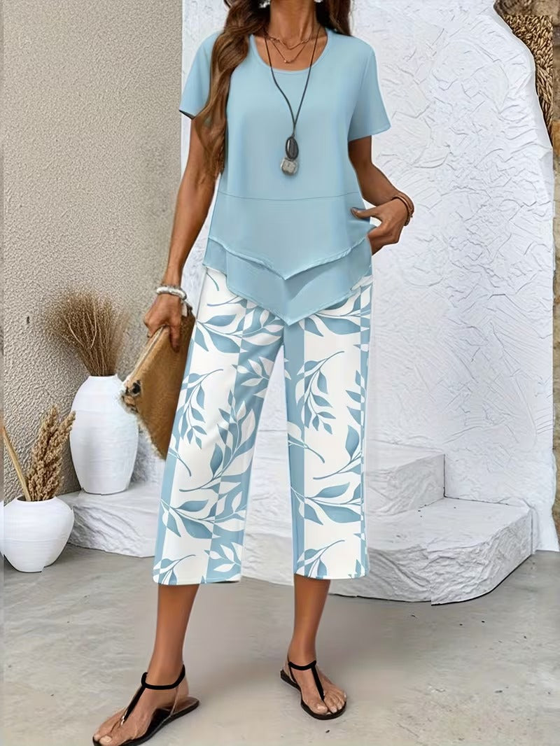 Evelira | Women's Leaf Print Two Piece Wide Leg Set - Green - Image 2
