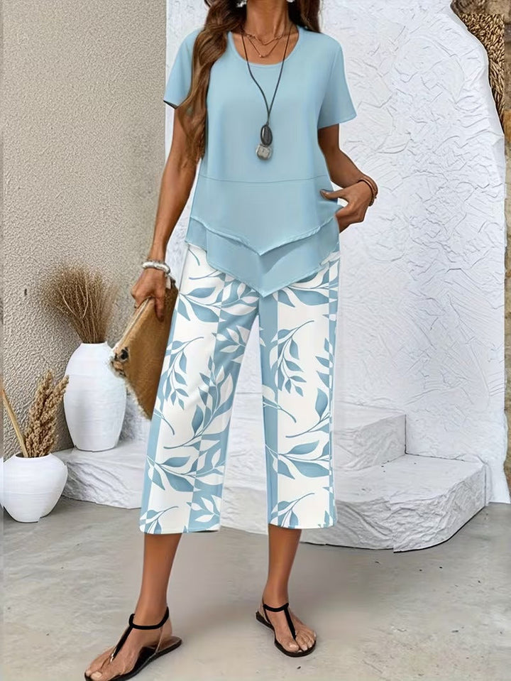 Evelira | Women's Leaf Print Two Piece Wide Leg Set - Green - Image 2