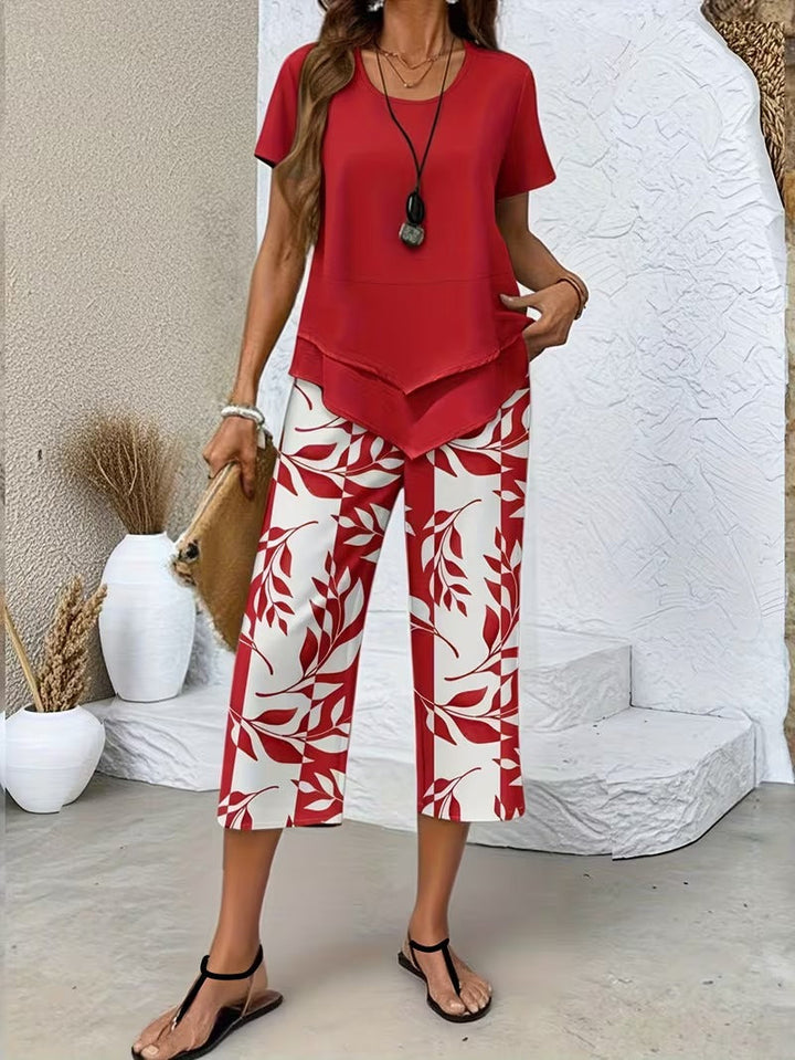Evelira | Women's Leaf Print Two Piece Wide Leg Set - Green - Image 3