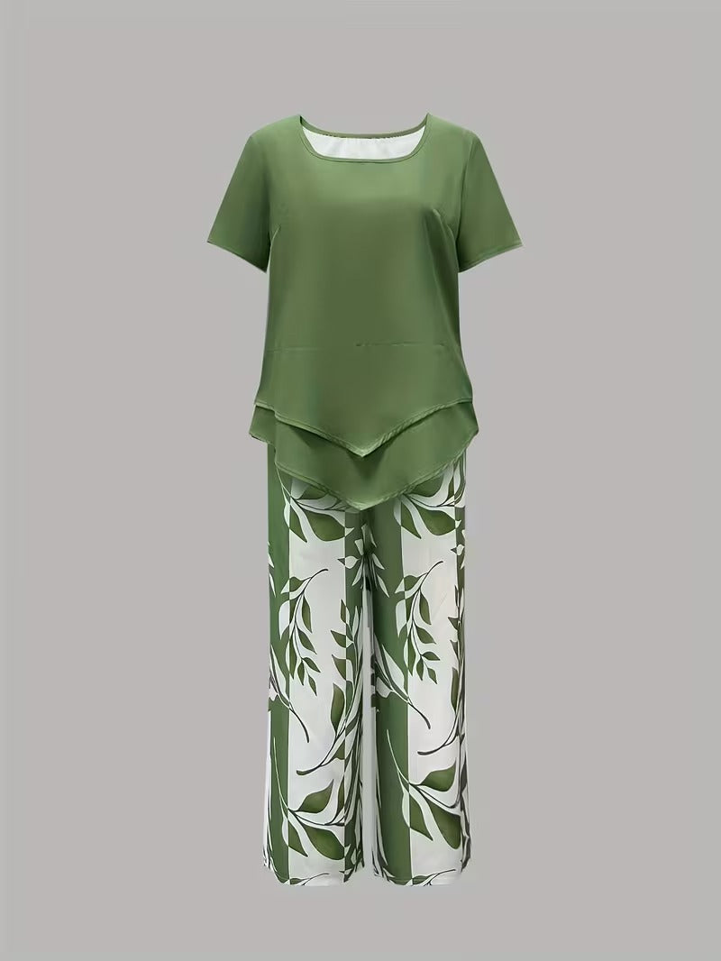 Evelira | Women's Leaf Print Two Piece Wide Leg Set - Green - Image 5