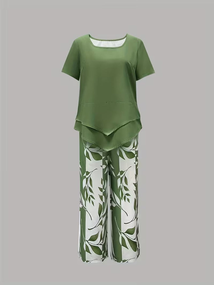 Evelira | Women's Leaf Print Two Piece Wide Leg Set - Green - Image 5