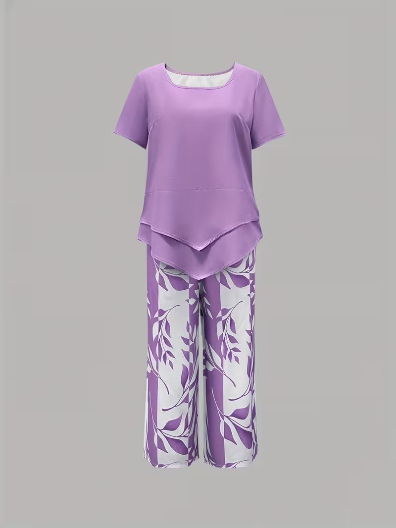 Evelira | Women's Leaf Print Two Piece Wide Leg Set - Green - Image 9
