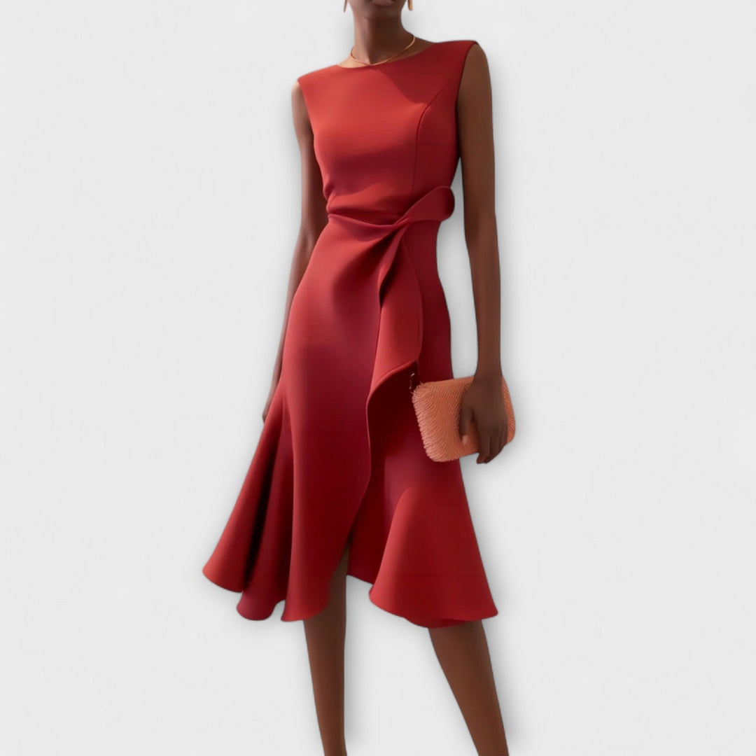 Elegant women's draped asymmetric cocktail midi dress, perfect for evening wear & special occasions.
