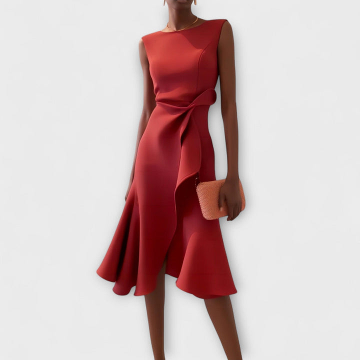 Elegant women's draped asymmetric cocktail midi dress, perfect for evening wear & special occasions.