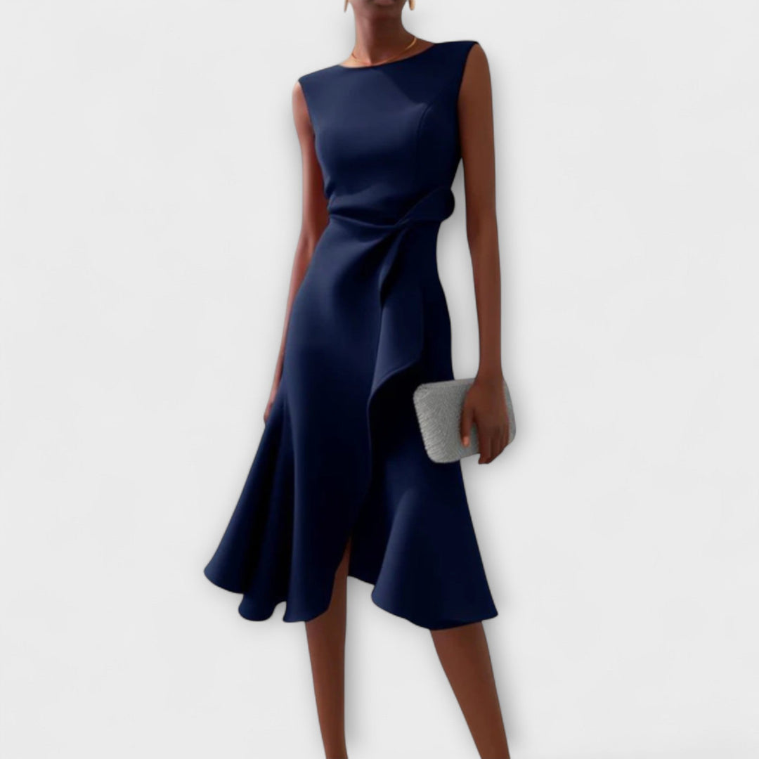 Sophisticated women's midi cocktail dress featuring an elegant draped design & asymmetric cut.