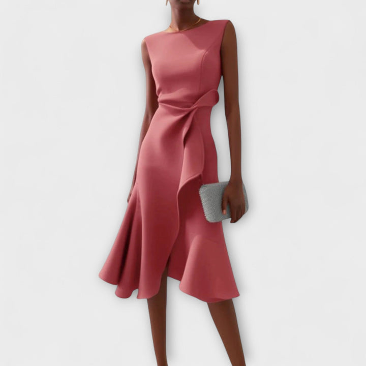 Stylish women's evening midi dress with flattering draped fabric & unique asymmetric silhouette.