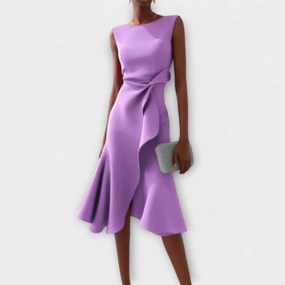 Women's elegant asymmetric midi cocktail dress. Draped style, ideal for special events.