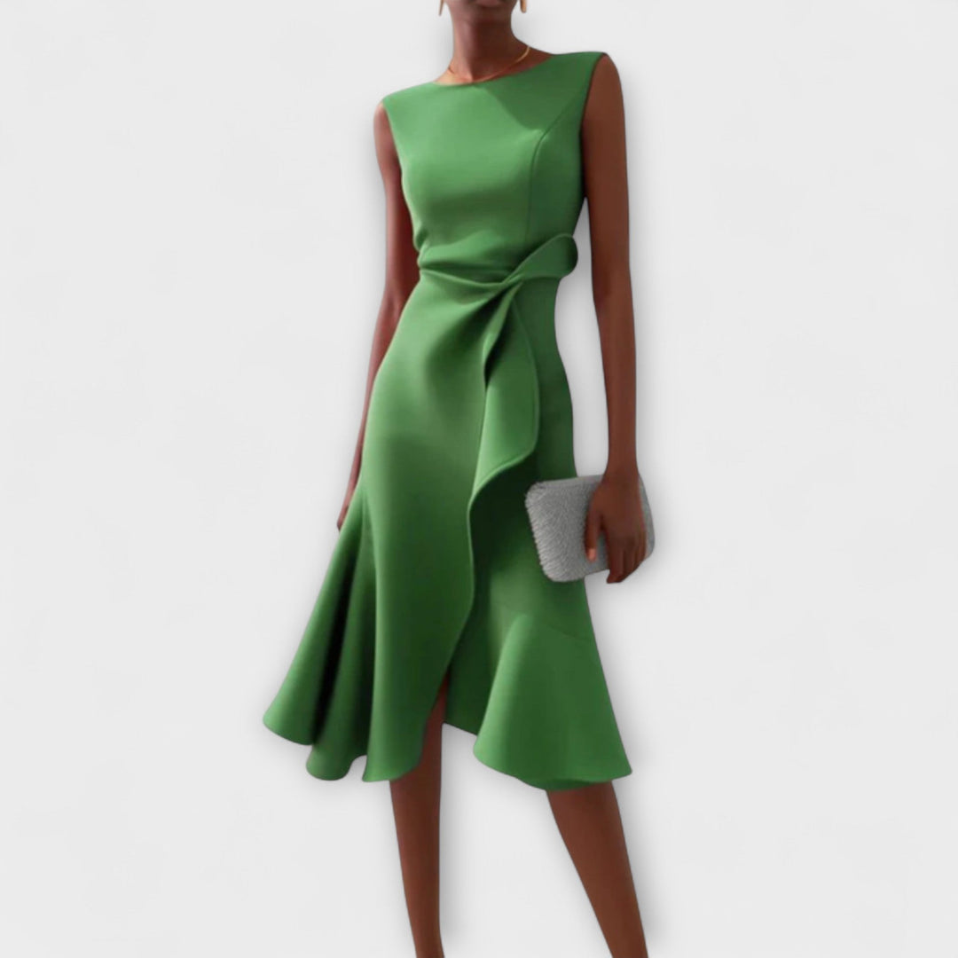 Sleeveless elegant women's draped asymmetric cocktail midi dress for modern evening fashion.