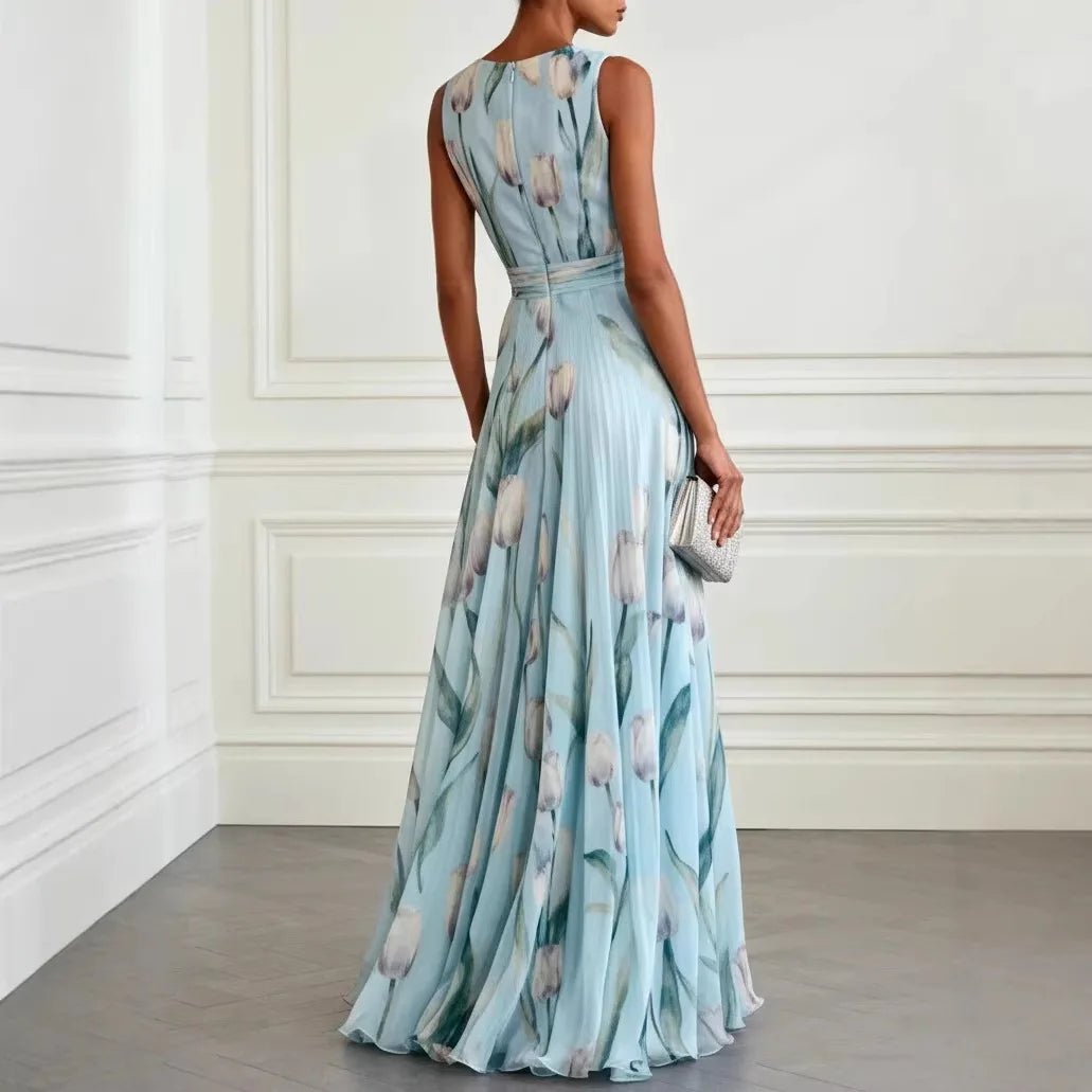 Graceful floral print maxi wrap dress, sleeveless V-neck, a stylish choice for race day or garden parties.