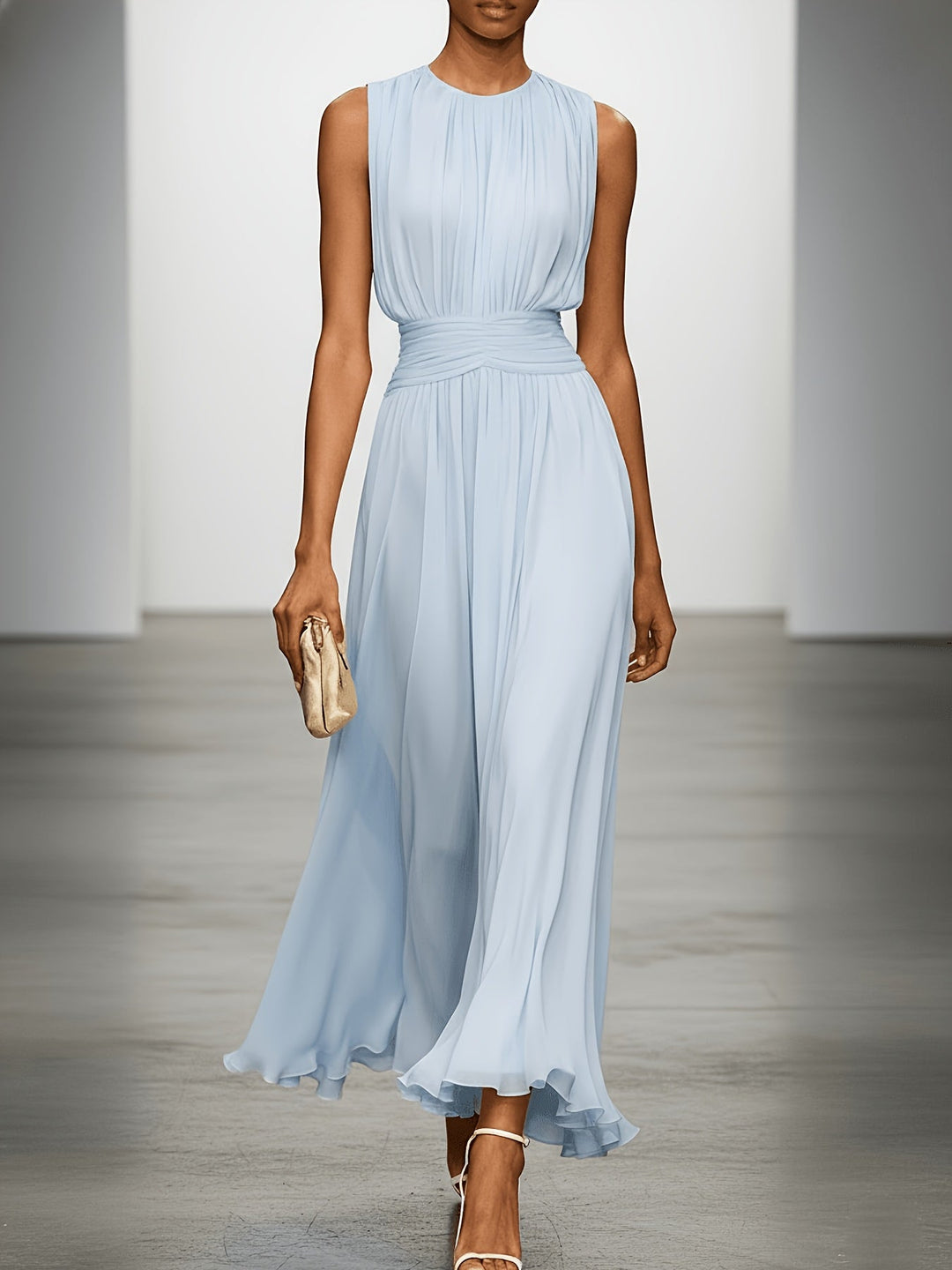 Stylish pleated maxi dress for women, ideal for wedding guests, garden parties, or races. Ruched waist detail.