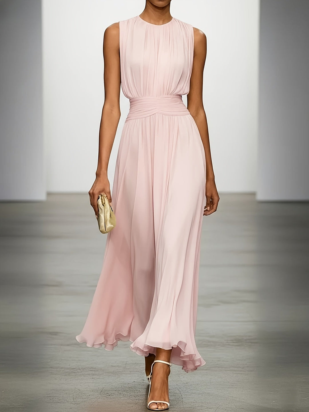 Long pleated maxi dress for women with an elegant silhouette & a flattering ruched waist. Ideal formal wear.