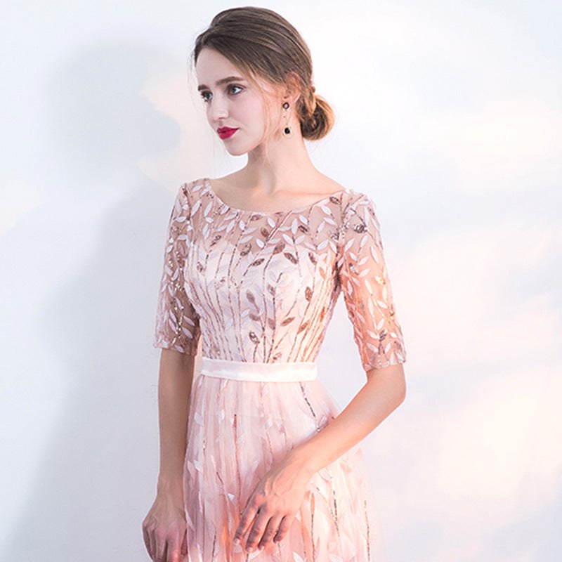 Elegant pink midi dress for women featuring a crew neck & half-sleeves, ideal for versatile autumn fashion.