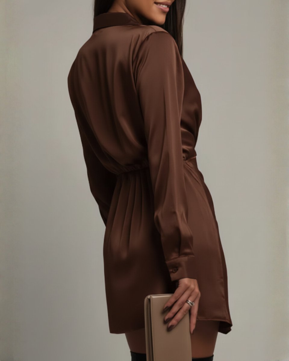 Chic women's elegant wrap mini dress, collared & long-sleeved, perfect for a party or night out.