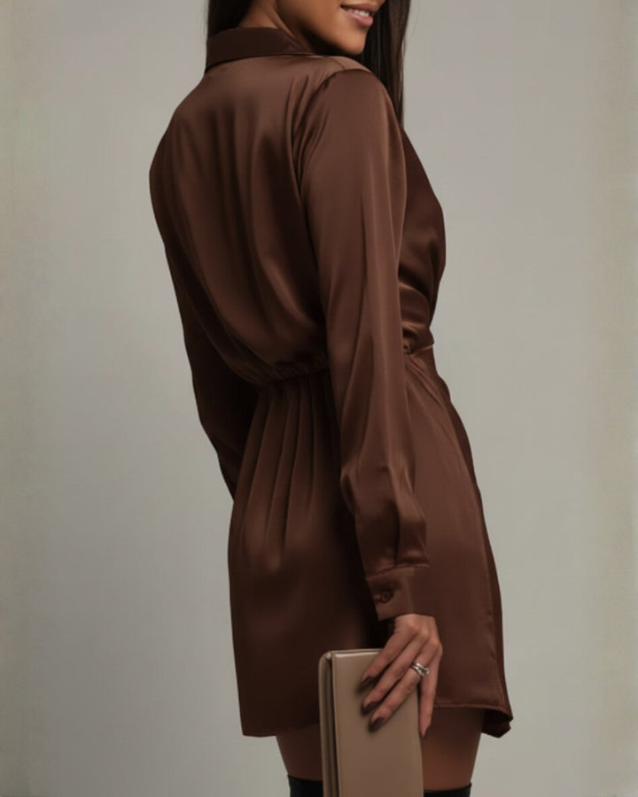 Chic women's elegant wrap mini dress, collared & long-sleeved, perfect for a party or night out.