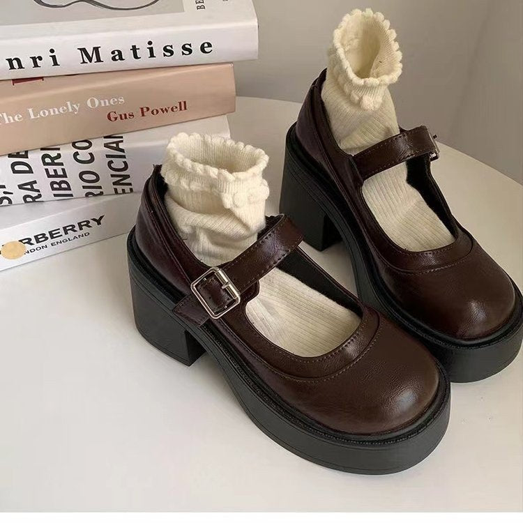 Elegant women's Mary Jane heels with comfortable chunky platform heel & buckle strap, sophisticated dress shoes.