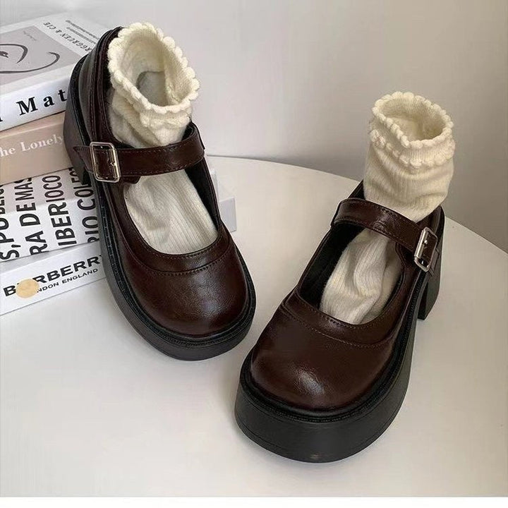 Sophisticated women's Mary Jane heels, platform design with chunky heel for elegant retro style and comfort.