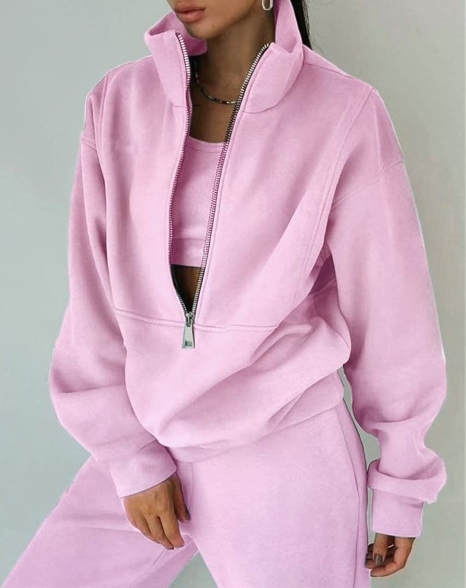 Stylish women's cozy fleece lounge set, a comfortable two-piece outfit perfect for relaxed athleisure fashion.