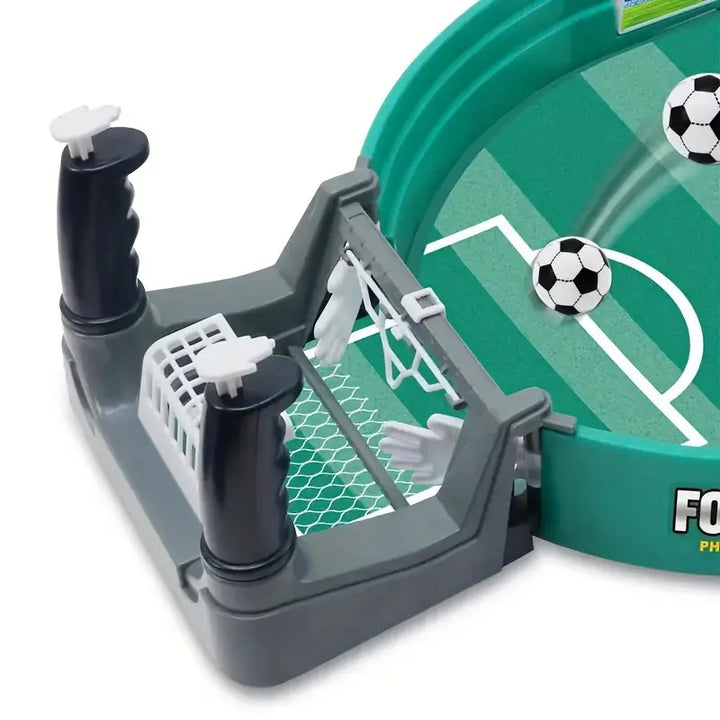 A close-up of the mini foosball game in action, showing two kids enjoying a competitive indoor soccer match. Great gift!