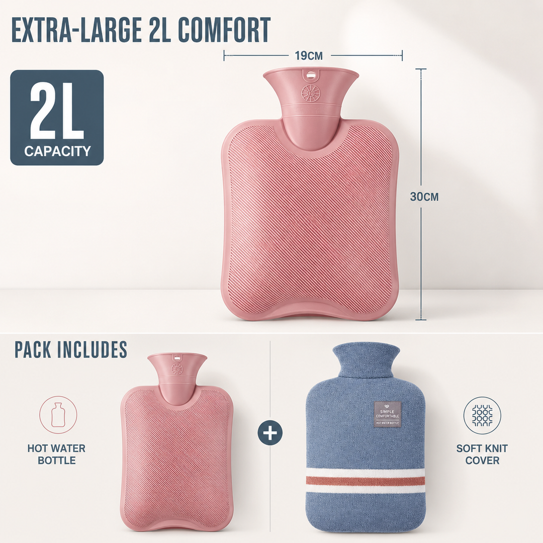 Extra large hot water bottle for long-lasting soothing warmth. Perfect for pain, comfort, and stress relief.