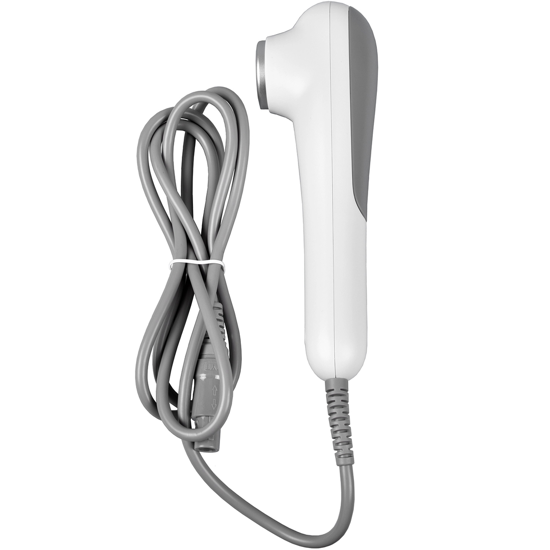 Person using AeroPulse ultrasonic therapy device for deep tissue pain relief and muscle recovery at home.