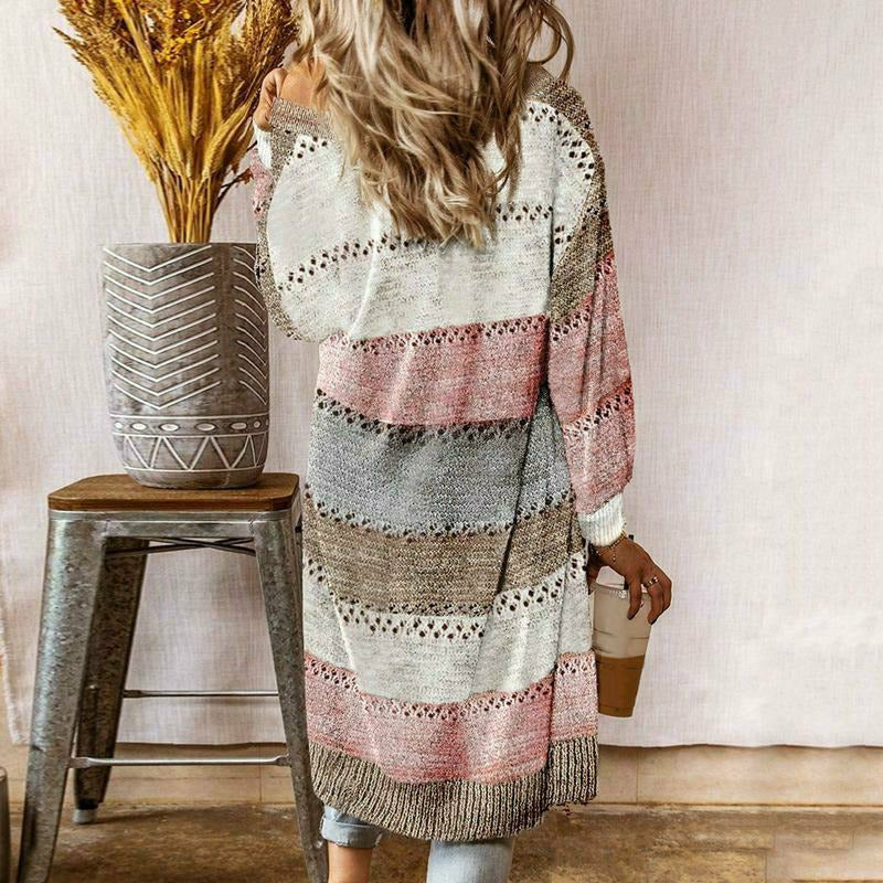 Women's relaxed fit striped long sleeve knit cardigan, perfect for casual layering & everyday comfort in spring/autumn.
