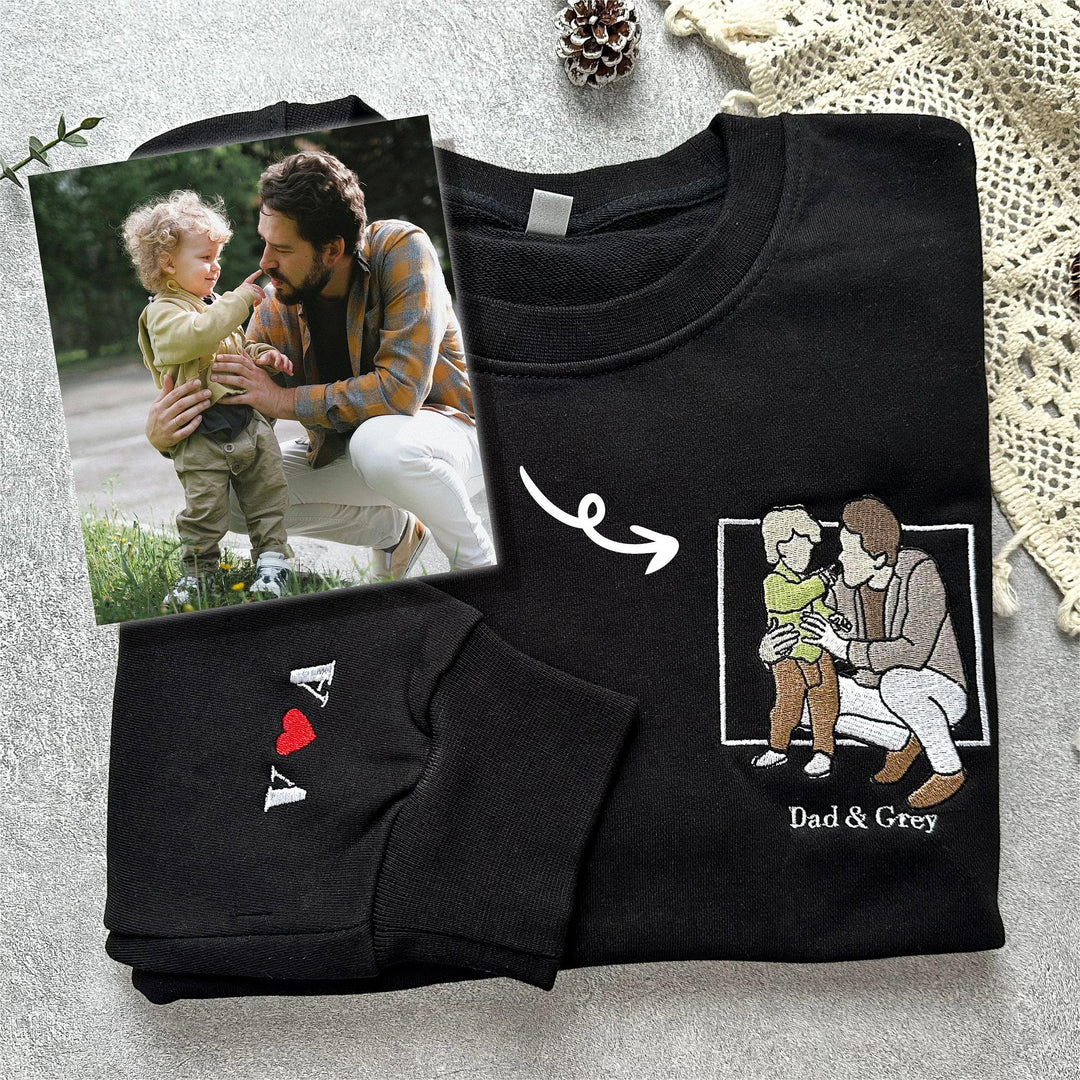Embroidered photo hoodie for men. Personalized unisex apparel with custom music player design for Dad.