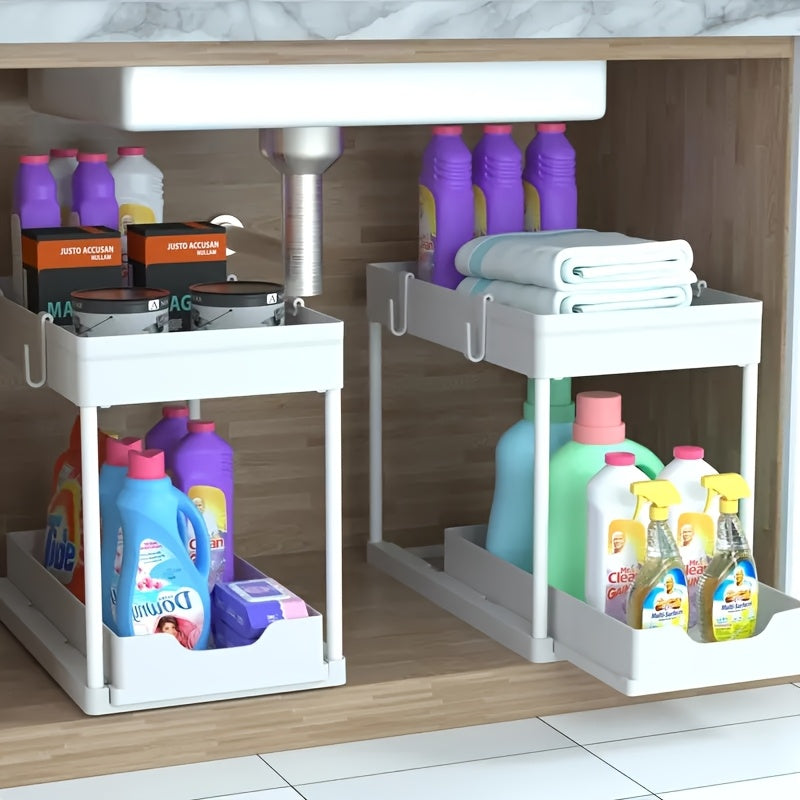 Smart 2-tier kitchen & bathroom under sink organizer featuring sliding baskets, hooks, and a removable cup.