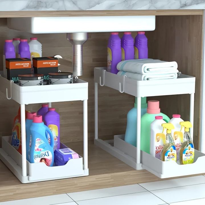 Smart 2-tier kitchen & bathroom under sink organizer featuring sliding baskets, hooks, and a removable cup.
