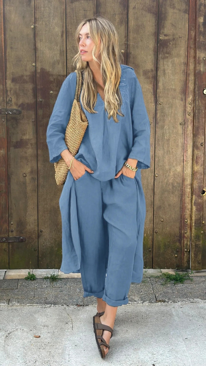 Comfortable women's two-piece outfit. Lightweight elegant set with relaxed fit, perfect for summer casual chic.