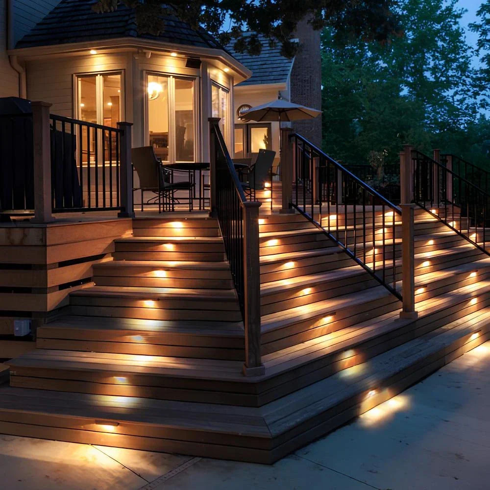 Warm glow solar deck lights, no wiring, perfect for garden ambiance.