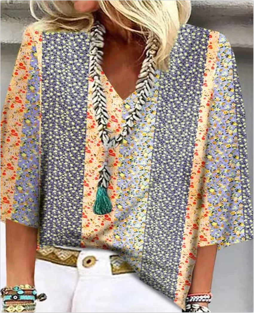 Women's Printed V-Neck 3/4 Sleeve Blouse